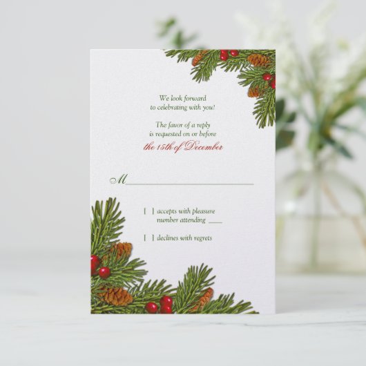 Pine Takken Kerst Winter Huwelijk RSVP Kaart (Staand voorkant)