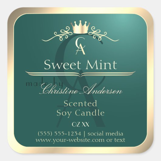Pine Teal Product Label with Gold Frame Monogram (Voorkant)