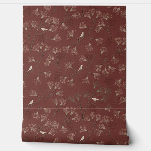 Pine Tree and Bird Pattern on Ruby Red Behang (Afrollen)