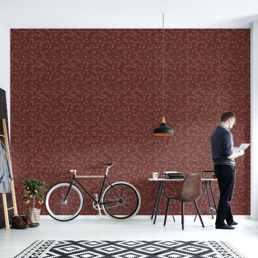 Pine Tree and Bird Pattern on Ruby Red Behang (Woonkamer)