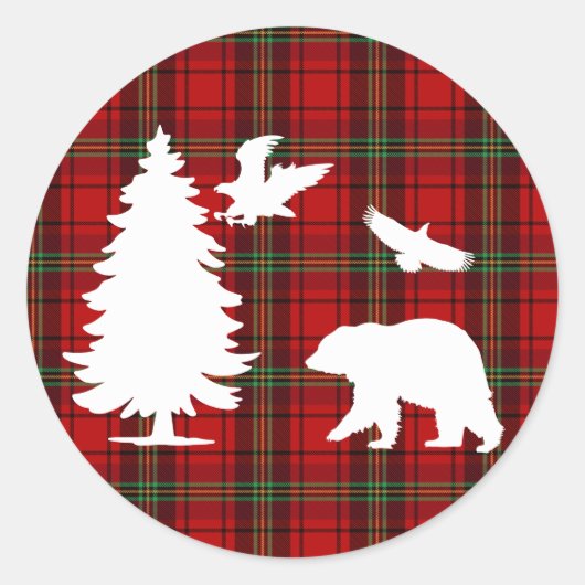 Pine tree Beer Eagle op Rood Zwart Tartan Ronde Sticker (Voorkant)