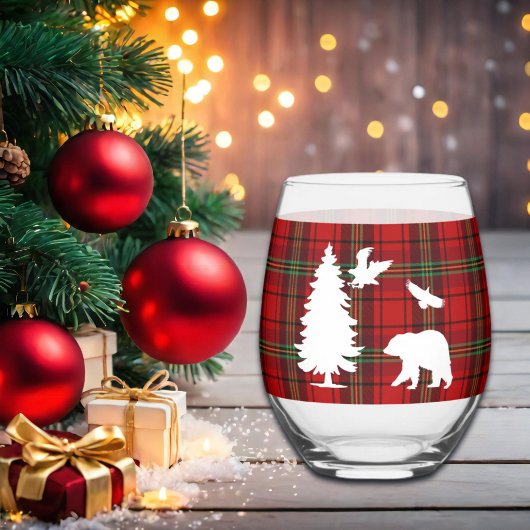 Pine tree Beer Eagle op Rood Zwart Tartan Wijnglas Zonder Voet