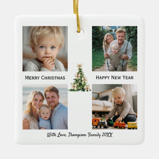 Pine Tree Bow Christmas Elegant Photo Custom Keramisch Ornament (Voorkant)