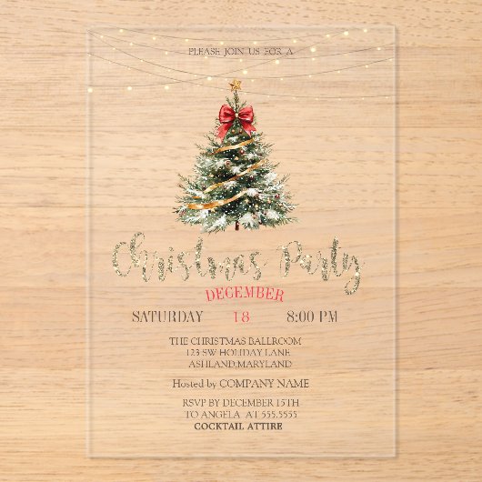 Pine Tree, Bow, String Lights Gouden Kerst Acryl Uitnodigingen (Voorkant)
