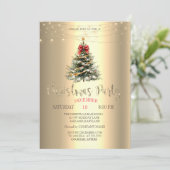 Pine Tree, Bow, String Lights Gouden Kerst Kaart (Staand voorkant)