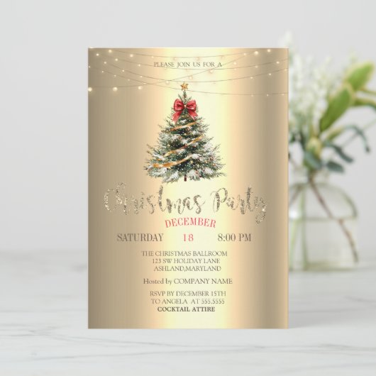Pine Tree, Bow, String Lights Gouden Kerst Kaart (Staand voorkant)