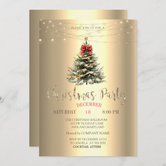 Pine Tree, Bow, String Lights Gouden Kerst Kaart (Voorkant / Achterkant)