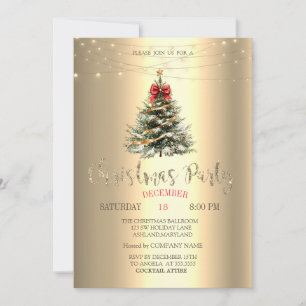 Pine Tree, Bow, String Lights Gouden Kerst Kaart