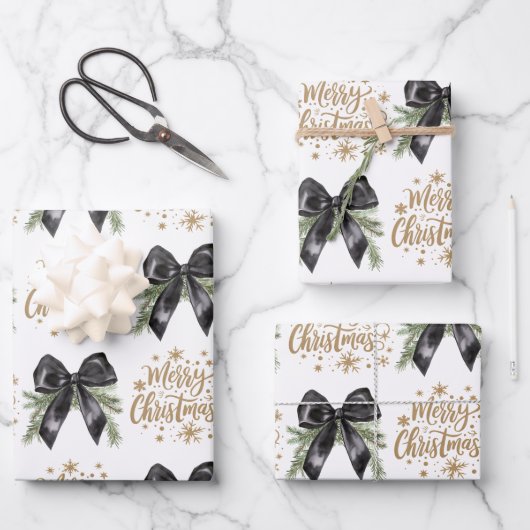 Pine Tree Branch Black Bow Gold Merry Christmas Inpakpapier Vel (Voorkant)