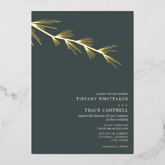 Pine Tree Branch Emerald Wedding Folie Uitnodiging (Voorkant)
