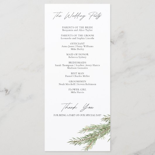 Pine Tree Branch Winter Wedding Programma (Achterkant)