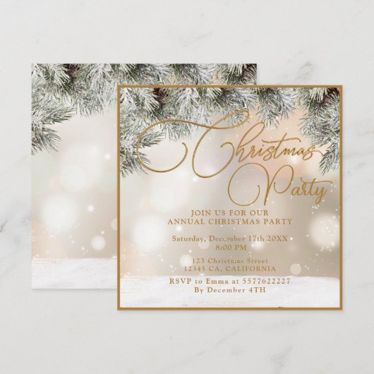 Pine Tree Branches, Ballen, Gouden Kerstmis Uitnod Kaart (Voorkant / Achterkant)