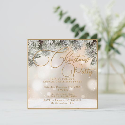 Pine Tree Branches, Ballen, Gouden Kerstmis Uitnod Kaart (Staand voorkant)