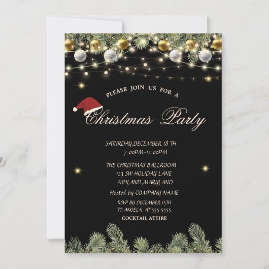Pine Tree Branches Balls Black Christmas Company Kaart (Voorkant)