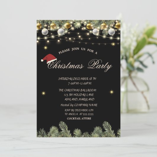 Pine Tree Branches Balls Black Christmas Company Kaart (Staand voorkant)