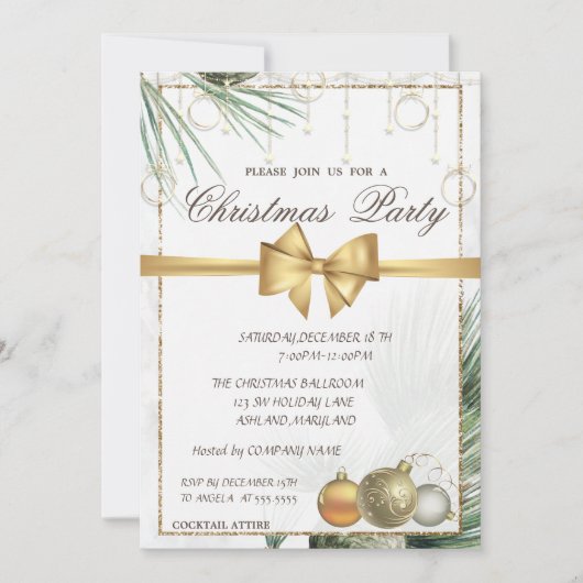 Pine Tree Branches, Balls, Bow Gold Kerstparty Kaart (Voorkant)