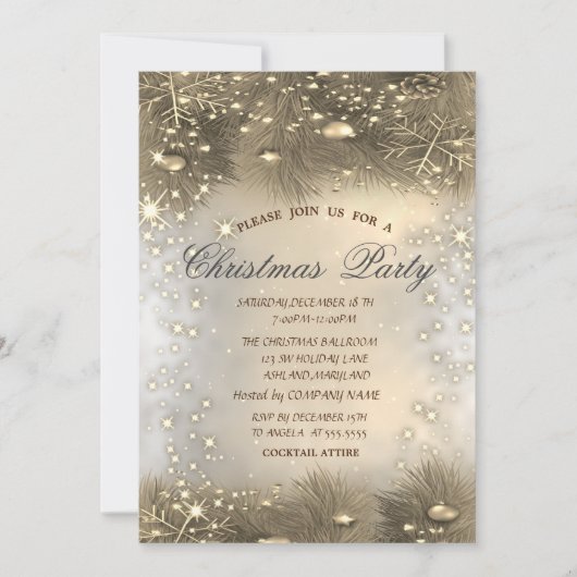 Pine Tree Branches, Balls, Gold Kerstmis Kaart (Voorkant)