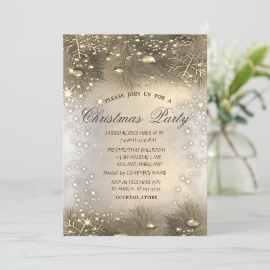 Pine Tree Branches, Balls, Gold Kerstmis Kaart (Staand voorkant)