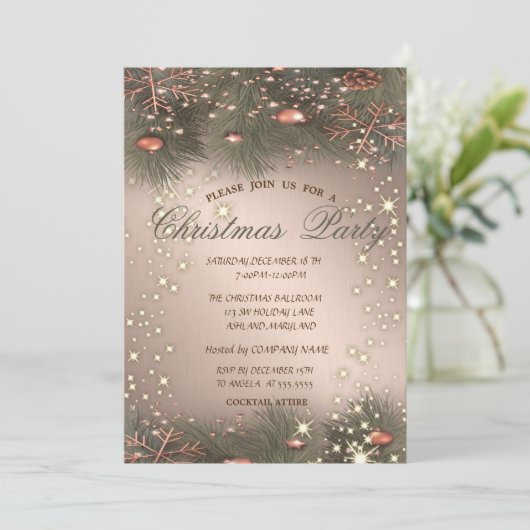 Pine Tree Branches, Balls, Roos Gold Kerstparty Kaart (Staand voorkant)