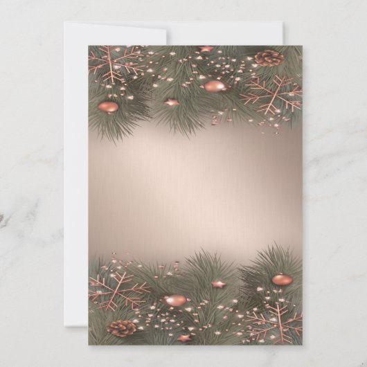 Pine Tree Branches, Balls, Roos Gold Kerstparty Kaart (Achterkant)