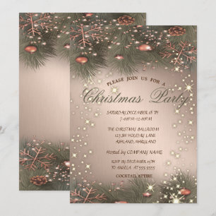Pine Tree Branches, Balls, Roos Gold Kerstparty Kaart