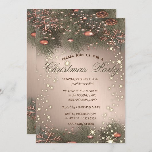 Pine Tree Branches, Balls, Roos Gold Kerstparty Kaart (Voorkant / Achterkant)