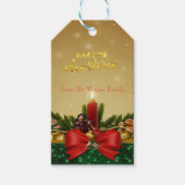 Pine Tree Branches, Red Bow, kaarsje, prettige ker Cadeaulabel (Voorkant)
