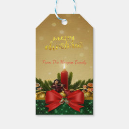 Pine Tree Branches, Red Bow, kaarsje, prettige ker Cadeaulabel