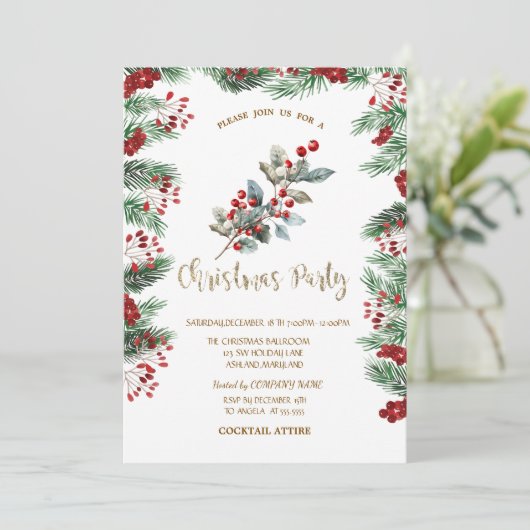 Pine Tree Branches Red Holly Berries Kerstmis Kaart (Staand voorkant)