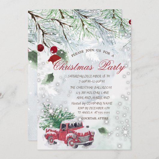 Pine Tree Branches Red Truck Company Party Kaart (Voorkant / Achterkant)