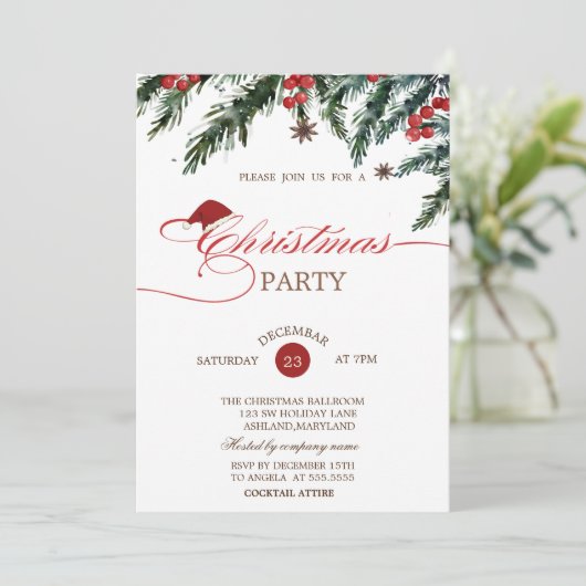 Pine Tree Branches Santa Hat, Bedrijf Kerstmis Kaart (Staand voorkant)