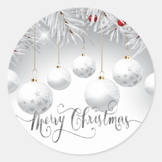 Pine Tree Branches White Balls Merry Kerstmis Ronde Sticker (Voorkant)