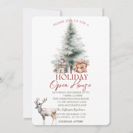 Pine Tree Cadeaus Rendieren Holiday Open House Kaart (Voorkant)