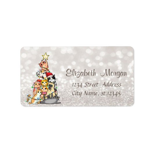 Pine Tree Cats Glittery Bokeh Etiket (Voorkant)