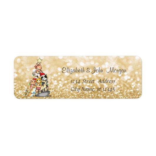 Pine Tree Cats,Gouden Glitterende Bokeh Etiket (Voorkant)