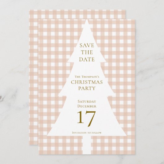 Pine Tree Christmas Cream Gingham Bewaar de datum Kaart (Voorkant / Achterkant)