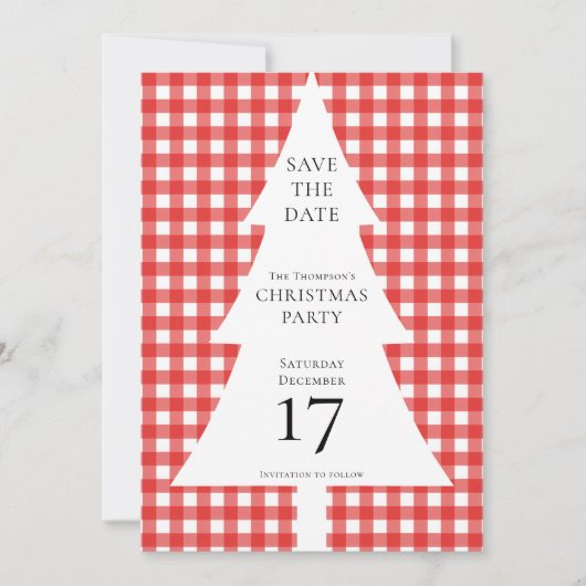 Pine Tree Christmas Red Gingham Bewaar de datum Kaart (Voorkant)