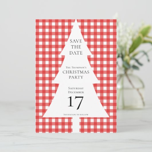 Pine Tree Christmas Red Gingham Bewaar de datum Kaart (Staand voorkant)