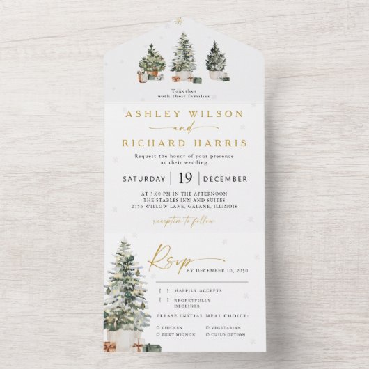 Pine Tree Christmas Wedding All In One Uitnodiging (Binnen)