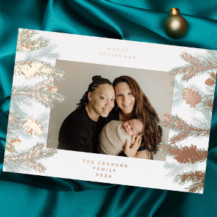 Pine Tree Cones Merry kerstfoto ROOS GOLD Folie Feestdagenkaart