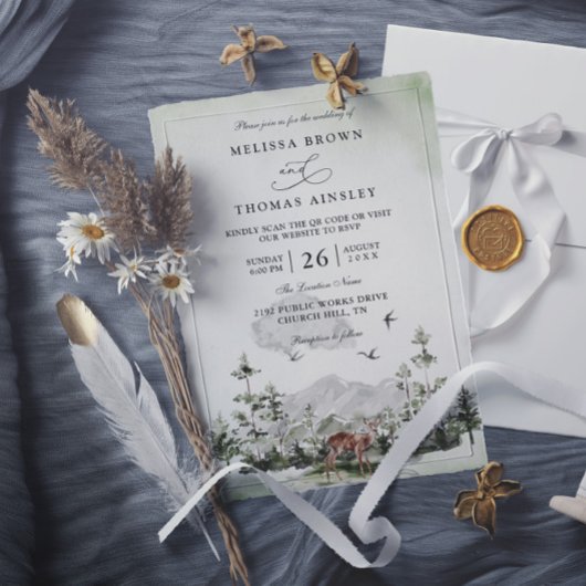 Pine Tree Deer Forest Mountain QR Code Wedding Kaart