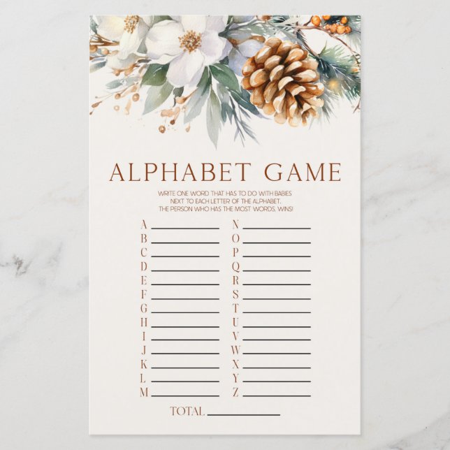 Pine Tree Floral Alphabet Baby shower Game (Voorkant)