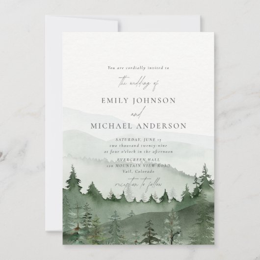 Pine Tree, Foggy Mountains Rustic Wedding  Kaart (Voorkant)
