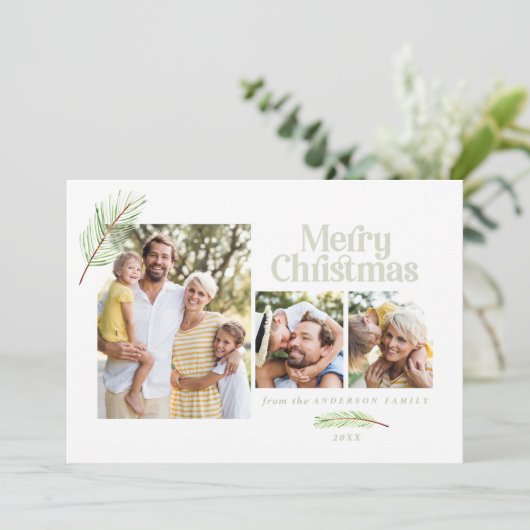 Pine tree foliage en bold multi-foto kerstmis aankondiging (Staand voorkant)
