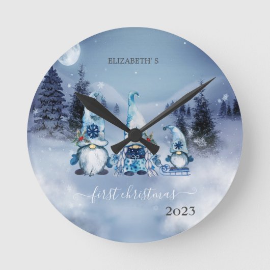 Pine Tree Fores, Blue Gnomes Holiday Ronde Klok (Voorkant)