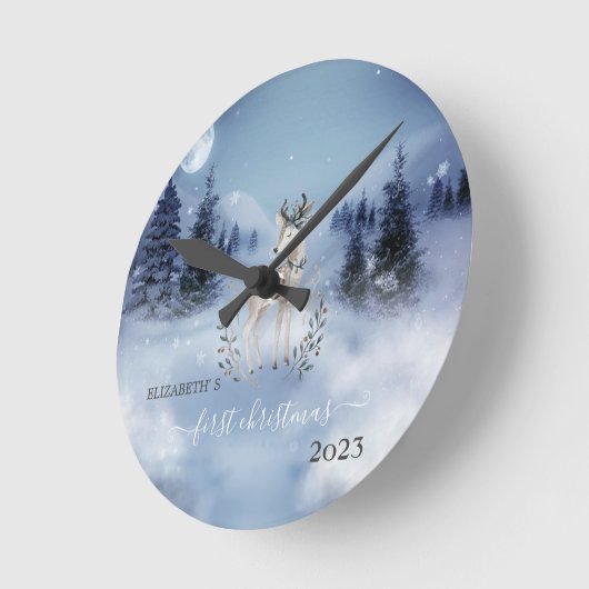 Pine Tree Fores, Deer Blue Holiday Ronde Klok (Hoek)