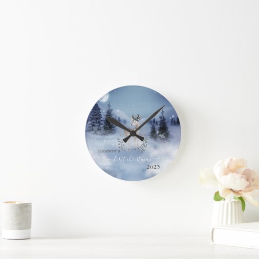 Pine Tree Fores, Deer Blue Holiday Ronde Klok (Huis)