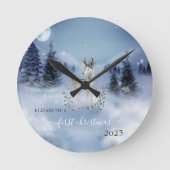 Pine Tree Fores, Deer Blue Holiday Ronde Klok (Voorkant)