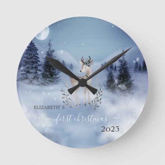 Pine Tree Fores, Deer Blue Holiday Ronde Klok (Voorkant)
