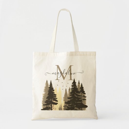 Pine Tree Forest Beige Script Naam Monogram Tote Bag (Voorkant)